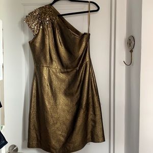 Elie Tahari, one shoulder dress in bronze